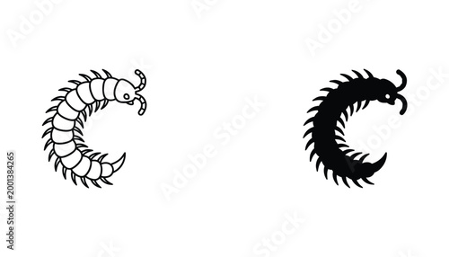 Centipede insect crawling silhouette and outline vector icons for biology or pest control service branding assets