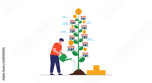 Man watering a plant that grows multiple franchise store buildings and gold coins, symbolizing successful business expansion.