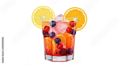 Refreshing fruit cocktail with berries and citrus slices perfect for summer drinks parties and beverage advertising