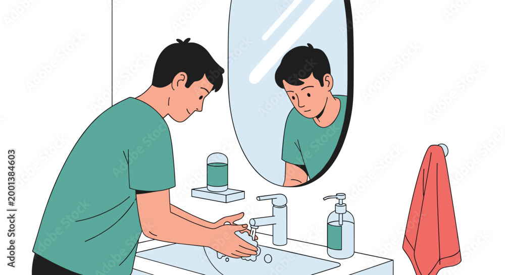 Fototapeta premium Person washing their hands in a bathroom sink while looking into a mirror, emphasizing the importance of daily cleanliness.