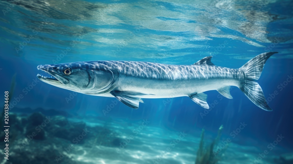 Fototapeta premium Powerful barracuda swimming in clear ocean waters.