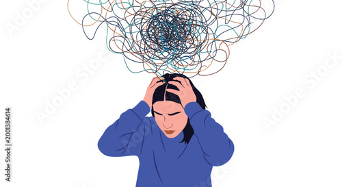 Stressed woman holding her head in frustration with a large cloud of chaotic scribbled lines above her, representing anxiety.