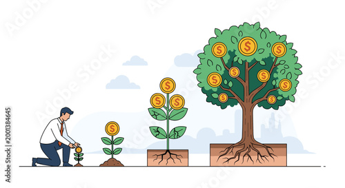 Progression of financial growth showing a businessman nurturing a small sprout that matures into a large golden money tree.