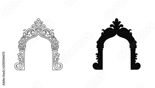 Ornate baroque arch frame with floral carvings in outline and solid black style for classic decorative design projects