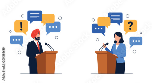 Two political candidates giving speeches at podiums with various speech bubbles, representing a public debate or discussion.