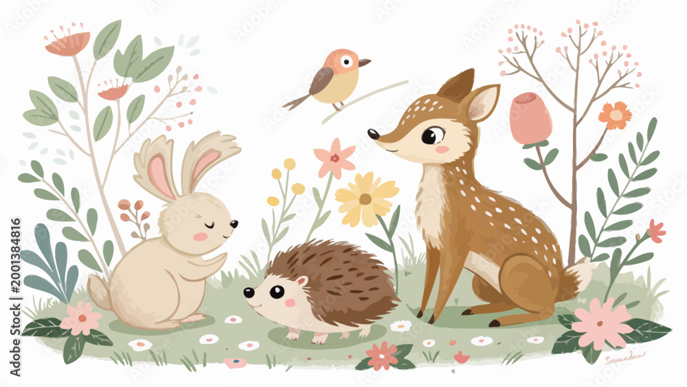 Naklejka premium Cute woodland animals illustration with a deer, a rabbit, a hedgehog, and a bird in a floral meadow, whimsical forest creatures drawing