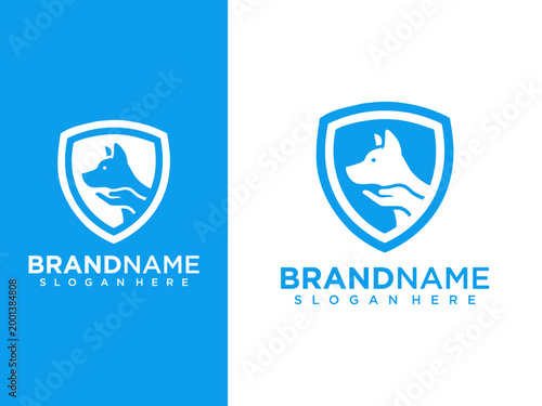 Tableau sur toile Two logos feature a dog head shield design on blue and white backgrounds for branding