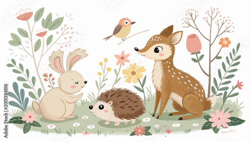 Cute woodland animals illustration with a deer, a rabbit, a hedgehog, and a bird in a floral meadow, whimsical forest creatures drawing