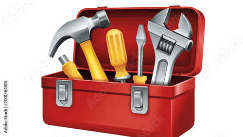 Open red toolbox filled with colorful hand tools on a rustic wooden surface Vector