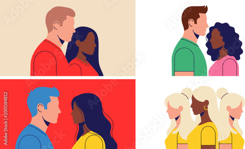 Diverse couples avatar illustrations showing side profile relationships with different ethnicities in flat design style isolated on white background