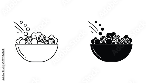 Healthy salad bowl vector icon depicting fresh vegetables falling into a dish for nutritious meal preparation