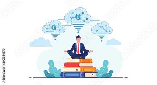Professional man meditating on a stack of books with cloud computing icons above him, representing smart data management.