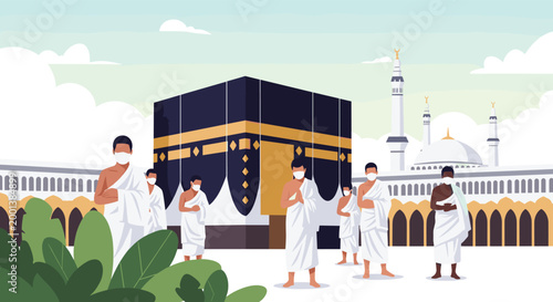 Group of pilgrims in white ihram clothing wearing face masks in front of the Kaaba at the Masjid al Haram during a pandemic.