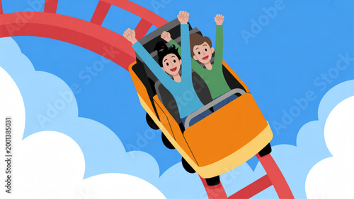 Two people having fun on a colorful roller coaster ride in the sky Vector