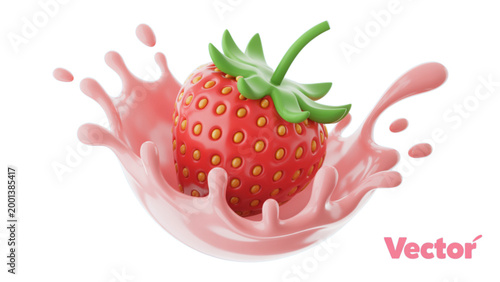 Fresh strawberries splashing into white milk with green leaves Vector