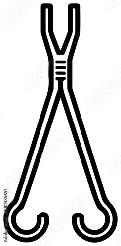 Minimalist black outline icon of a surgical forceps hemostat with long handles and curved tips on a white background for medical concepts
