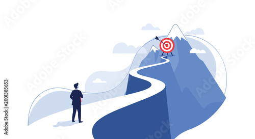 Ambitious businessman looking at a winding path leading to a target on a high mountain peak representing long term career goals and challenges.