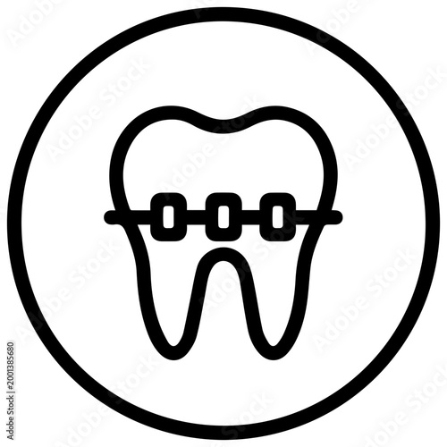 Minimalist icon of tooth with braces bracket orthodontic symbol in black and white dental care concept