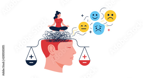 Woman practicing yoga on top of a giant head with emotional icons and balance scales representing mindfulness and mental health awareness.
