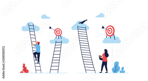Ambitious professionals climbing tall ladders to reach targets and awards on high clouds representing business growth and career aspirations.