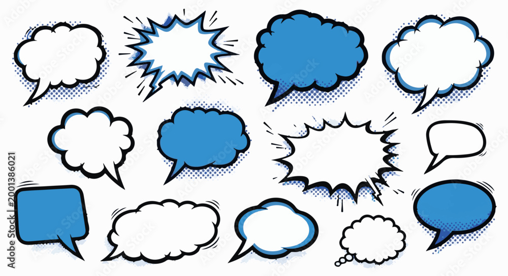 Fototapeta premium Collection of comic book style speech and thought bubbles in blue