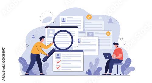 Recruiters using a magnifying glass and a laptop to screen through multiple candidate profiles and documents for hiring and talent acquisition.