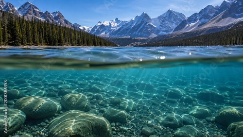 Snowy mountain peaks tower above a crystal clear alpine lake with smooth stones resting on the shallow sandy bottom under a bright sunny blue sky