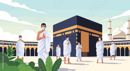 Group of muslim pilgrims wearing face masks and white ihram robes standing before the holy kaaba in mecca during pandemic health protocols.