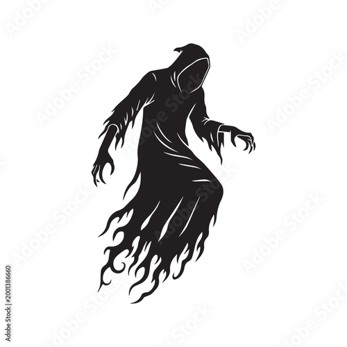 Spooky black ghost silhouette vector illustration, scary hooded grim reaper figure for Halloween horror design
