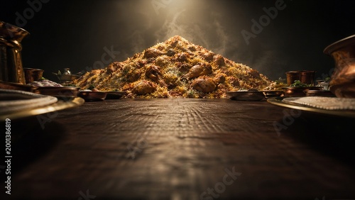 A massive mound of steaming hot biryani with chicken pieces and aromatic rice presented sumptuously on a wooden table in a dimly lit, atmospheric setting.