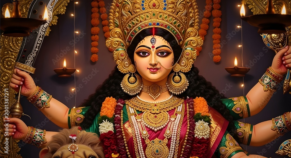 Fototapeta premium beautiful hindu goddess with multiple arms in traditional attire, spiritual and religious illustration symbolizing power and devotion, perfect for festival, culture, and stock design projects