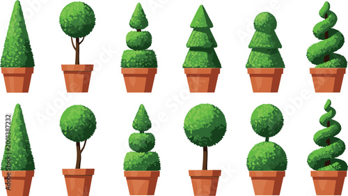 Topiary Plant Icon Set with Decorative Potted Trees in Geometric Shapes for Garden Design, Landscaping Elements, Green Bush Collection Illustration