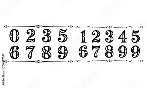 Vintage number typography set with decorative style numeric design elements 