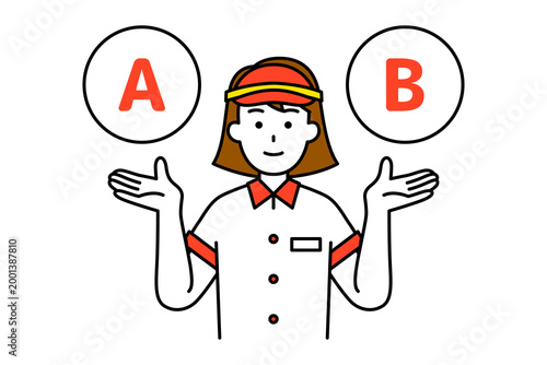 AとBの選択肢を提案するファストフード店の女性店員