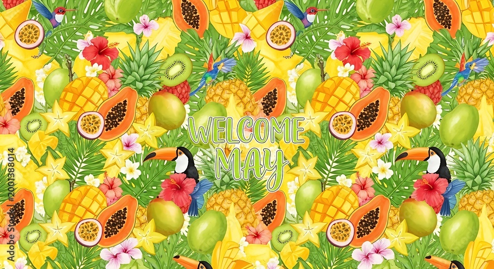 tropical fruit pattern seamless background with vibrant papaya pineapple and kiwi