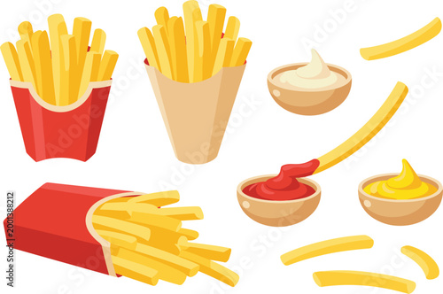 French fries set, fast food collection with ketchup mustard mayonnaise sauces and crispy potato sticks