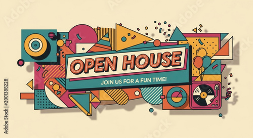 Open House invitation with geometric shapes and retro design invitation for a fun time vibrant abstract background for event promotion