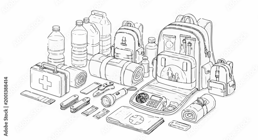 Naklejka premium Collection of survival gear including backpacks, water bottles, first aid kit, and tools