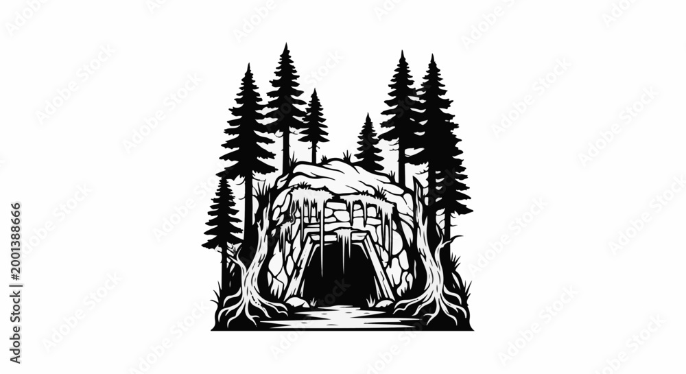 Obraz premium Dark forest cave entrance with icicles and fir trees