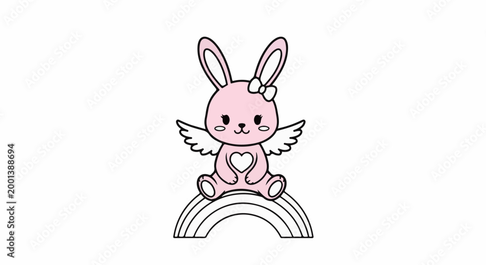 Obraz premium Cute pink winged bunny with a bow sits on a rainbow