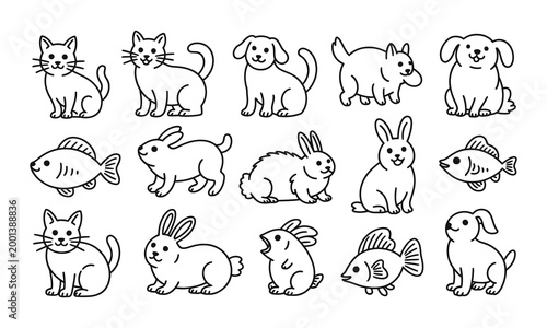 Collection of hand-drawn icons of cute domestic animals with black and white illustration domestic wildlife creature character friendly adorable companion