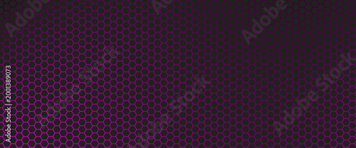 Abstract Dark Background with Pink Neon Hexagon Mesh Pattern, Modern Futuristic Technology Vector Design with Glowing Honeycomb Lattice for Gaming, Tech Banner, and Cyberspace