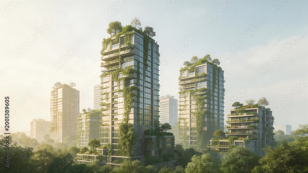 Fototapeta premium Ecofriendly highrise buildings with greenery