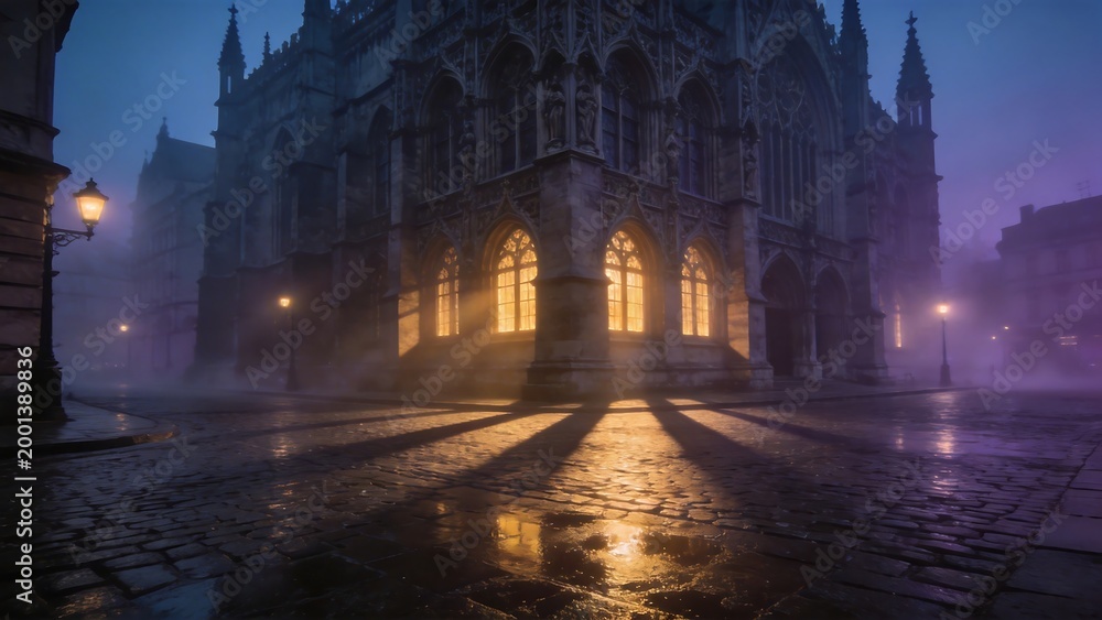 Obraz premium Gothic cathedral at night with fog