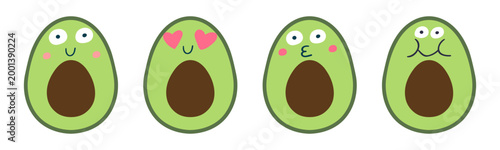 Hand drawn cute avocado characters set with various funny faces