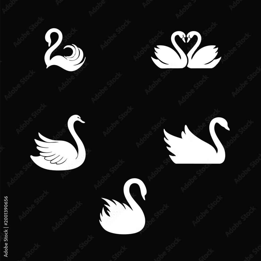 Fototapeta premium Set of Elegant Swan Logo Icons and Vector Silhouettes for Branding, Minimalist White Swan Illustrations Isolated on Black Background, Graceful Bird Symbol Collection