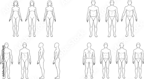 Human body outline templates set with male and female front side and back views for anatomy reference isolated on white background