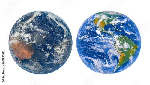 Tableau sur toile Comparison of two Earth globes from space showing different continents, isolated on a transparent background