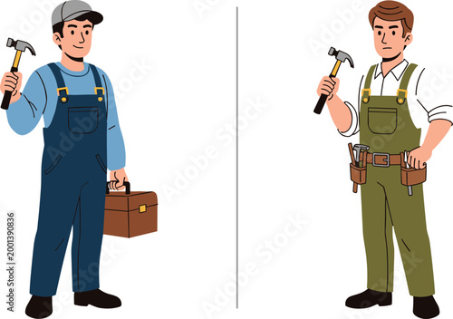 Illustrated silhouettes of two workers in different outfits with tools, showing comparison of trades, equipment, and professional attire