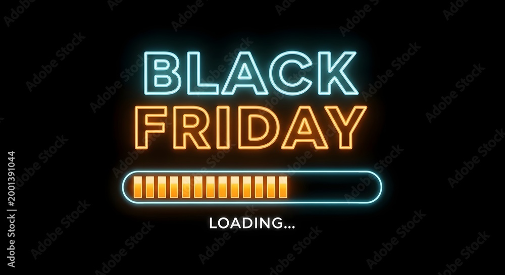 Obraz premium Black friday neon glowing text with loading progress bar